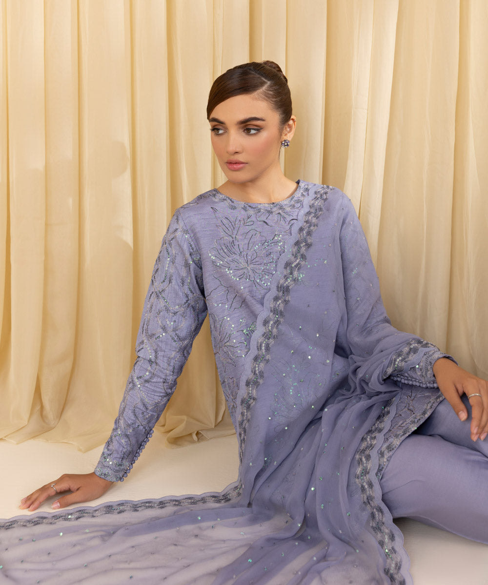Unstitched Women's Purple Raw Silk 3 Piece Suit
