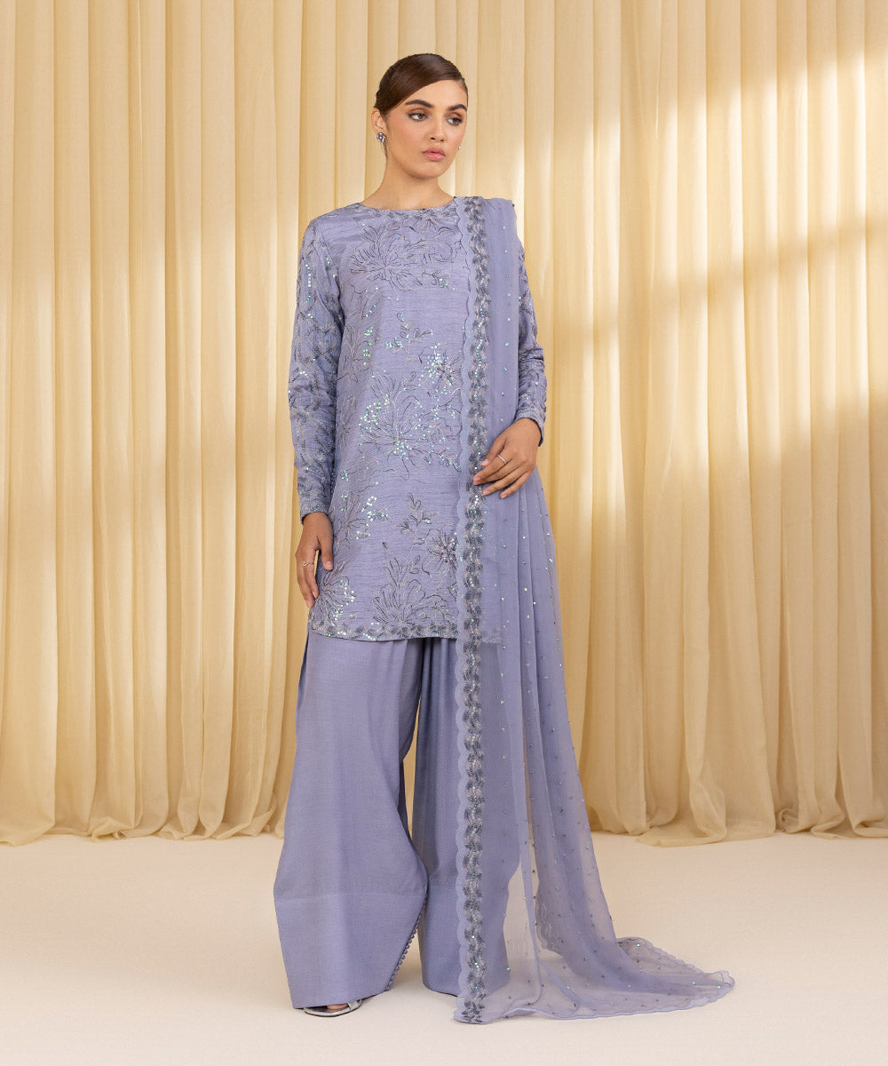 Unstitched Women's Purple Raw Silk 3 Piece Suit