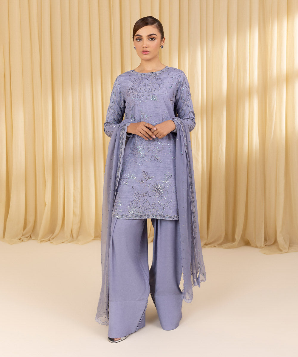 Unstitched Women's Purple Raw Silk 3 Piece Suit