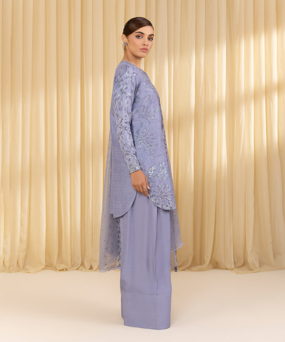 Unstitched Women's Purple Raw Silk 3 Piece Suit