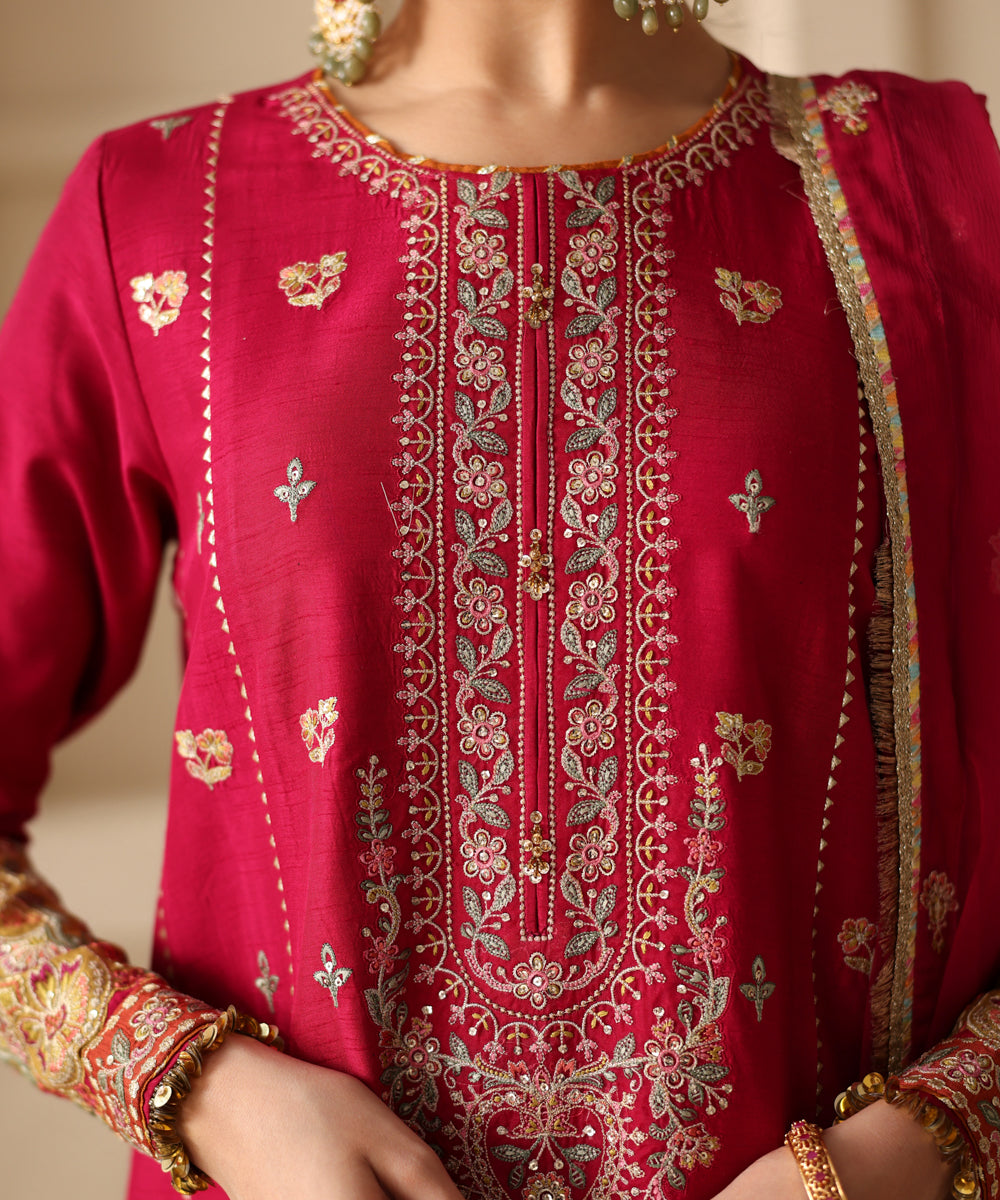 3 Piece - Embroidered Raw Silk Suit