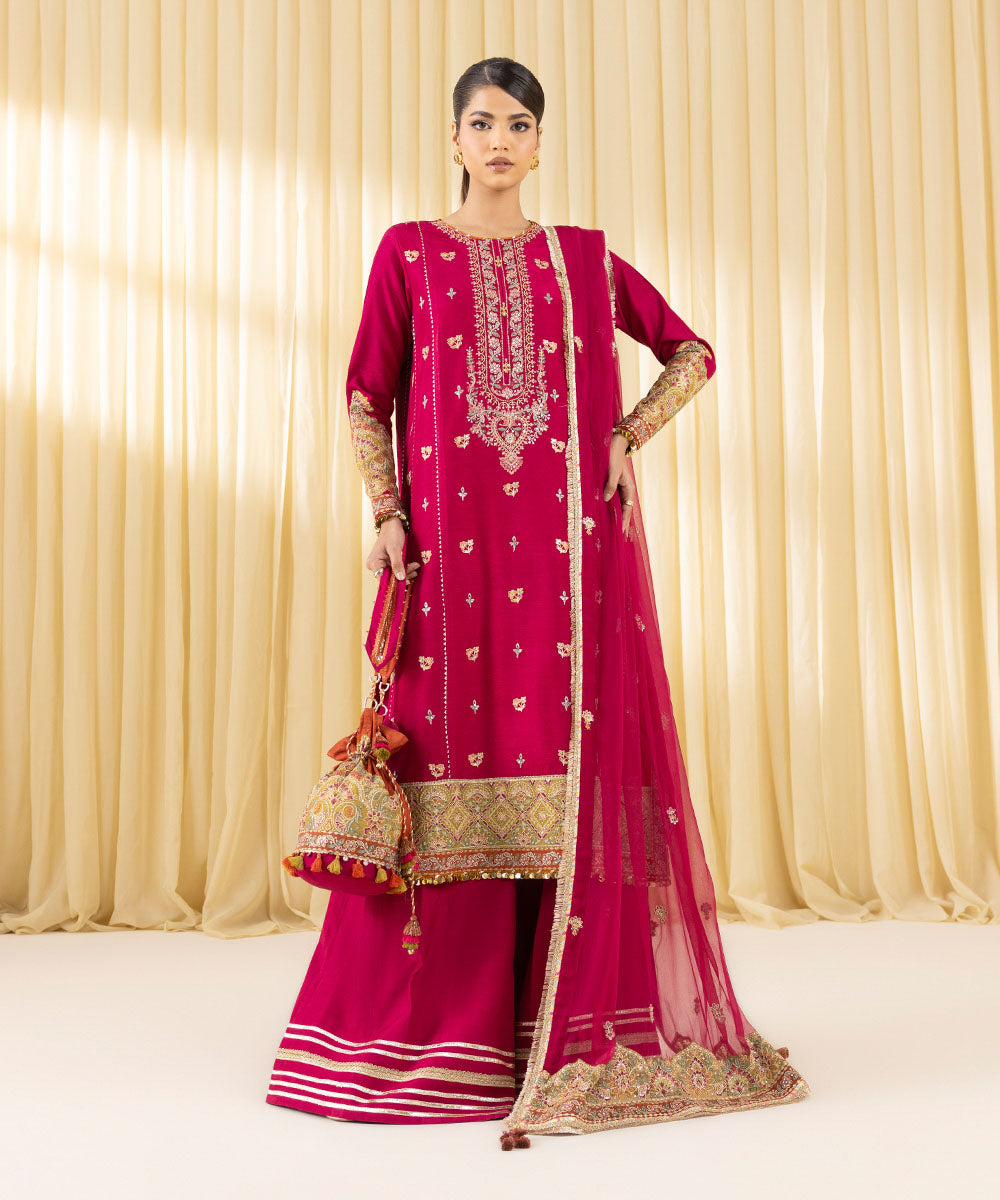 Women's Unstitched Raw Silk Embroidered Pink 3 Piece Suit
