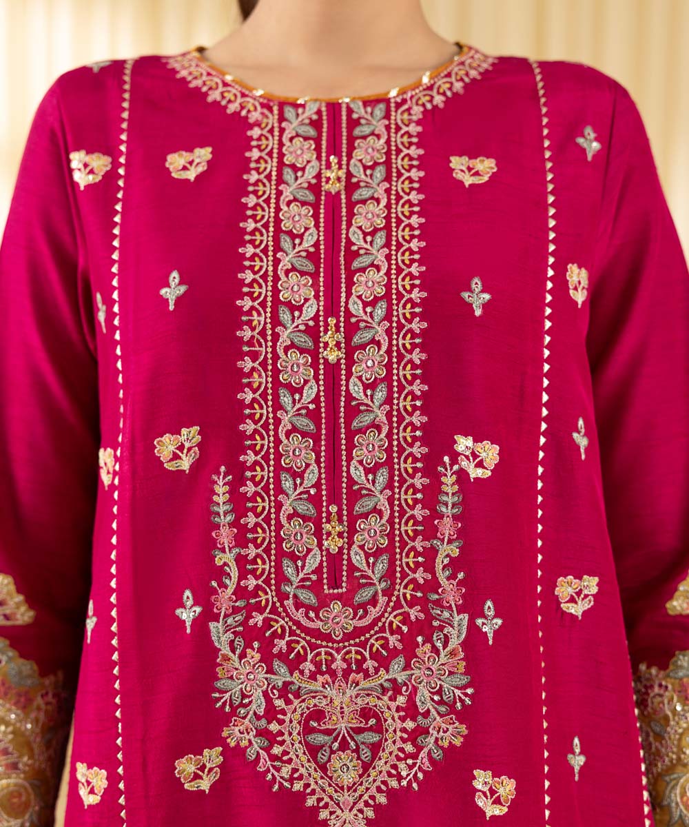 Women's Unstitched Raw Silk Embroidered Pink 3 Piece Suit