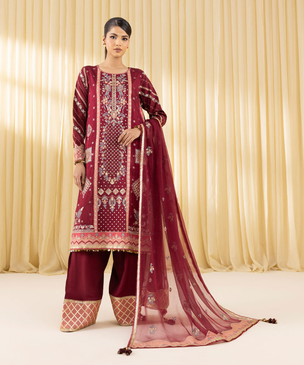 Women's Unstitched Raw Silk Embroidered Red 3 Piece Suit