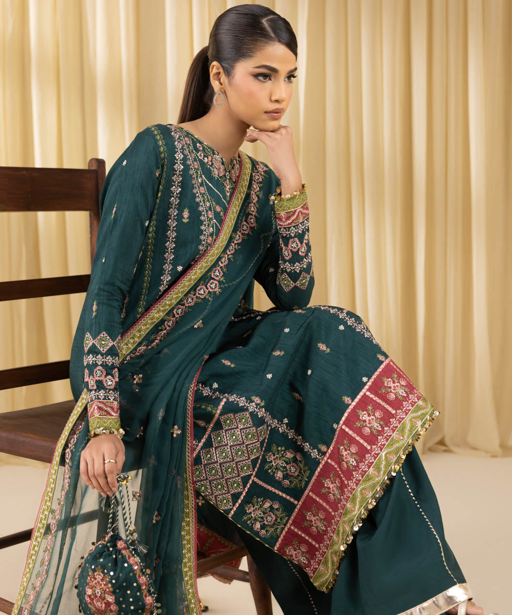 Women's Unstitched Raw Silk Embroidered Green 3 Piece Suit