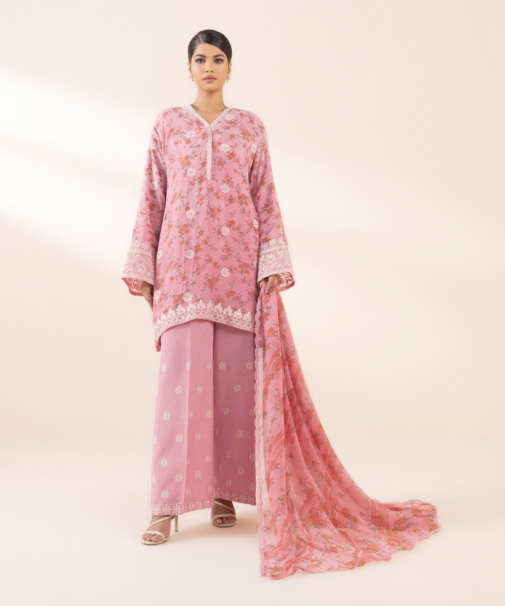 Unstitched Women's Embroidered Viscose Chiffon Pink Three Piece Suit