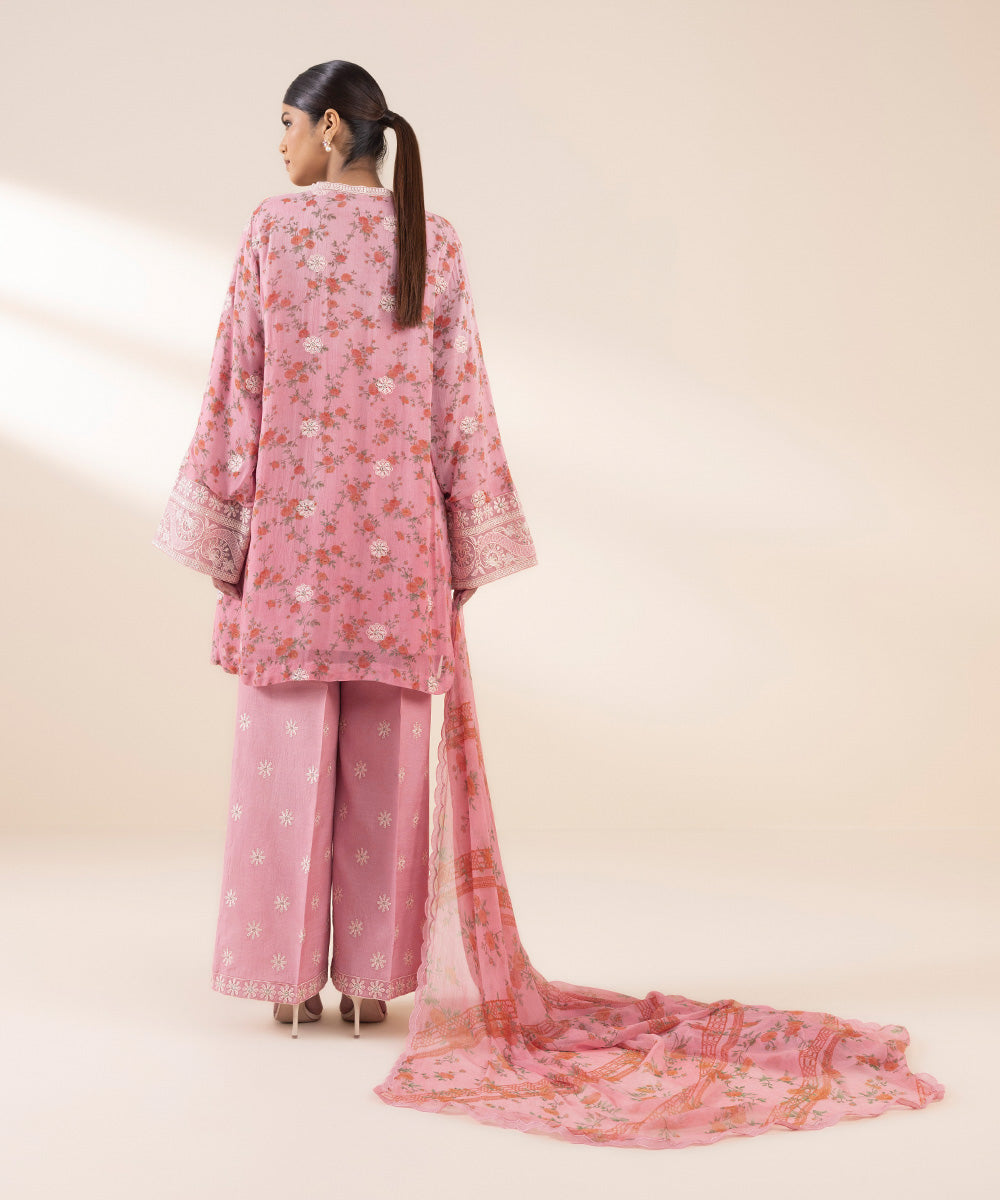 Unstitched Women's Embroidered Viscose Chiffon Pink Three Piece Suit