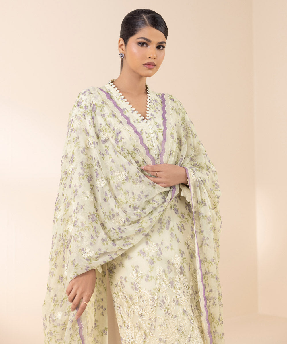 Unstitched Women's Embroidered Viscose Chiffon Beige Three Piece Suit