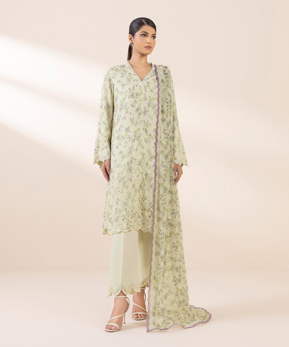 Unstitched Women's Embroidered Viscose Chiffon Beige Three Piece Suit