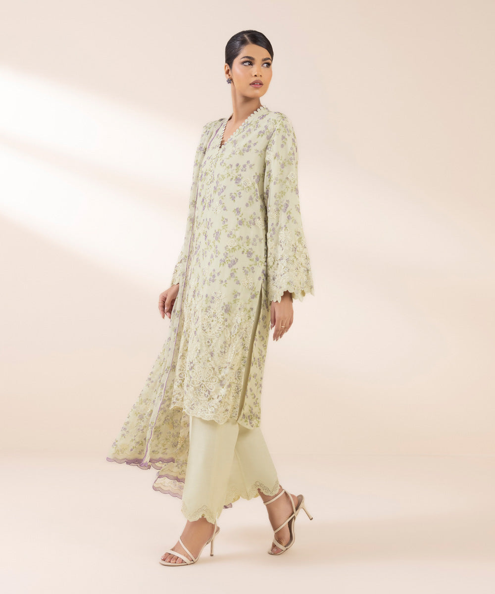 Unstitched Women's Embroidered Viscose Chiffon Beige Three Piece Suit