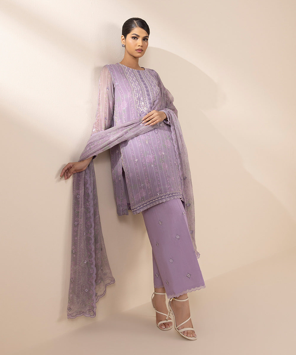 Unstitched Women's Embroidered Viscose Chiffon Purple Three Piece Suit