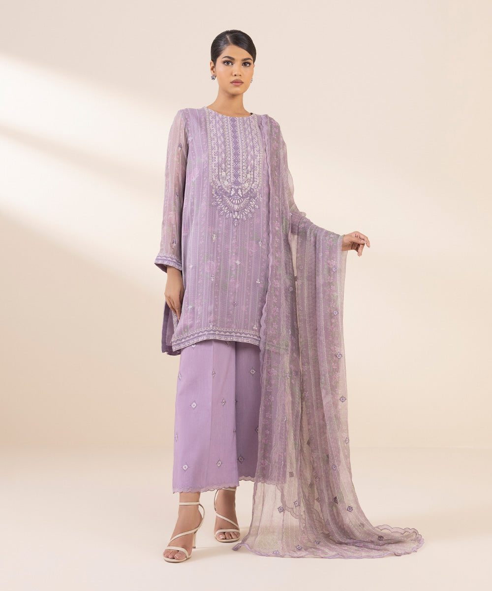 Unstitched Women's Embroidered Viscose Chiffon Purple Three Piece Suit