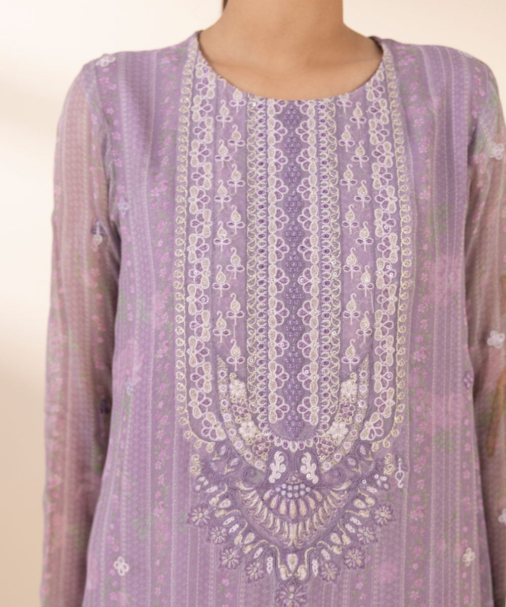 Unstitched Women's Embroidered Viscose Chiffon Purple Three Piece Suit