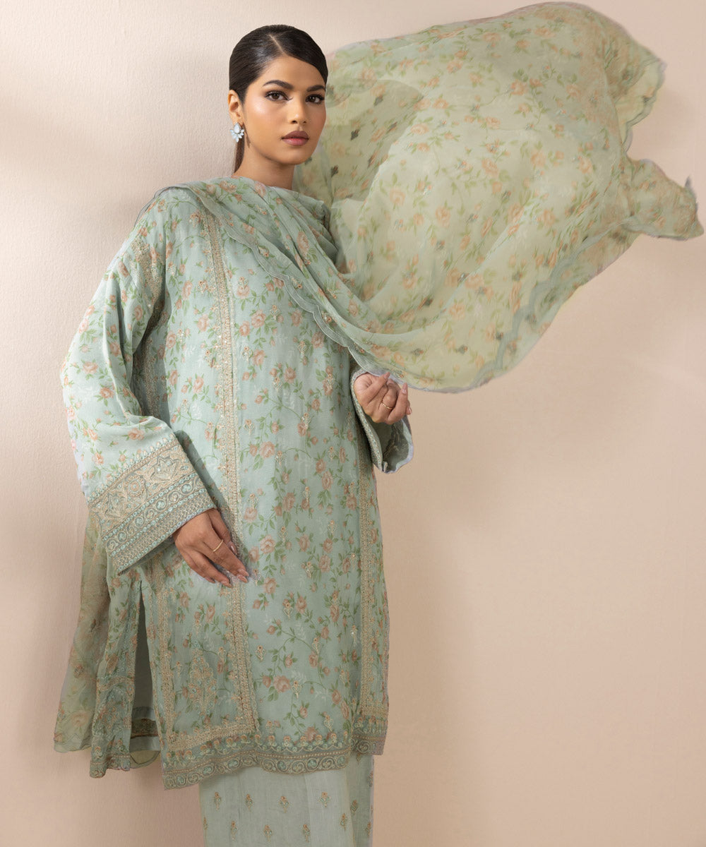 Unstitched Women's Embroidered Viscose Chiffon Green Three Piece Suit