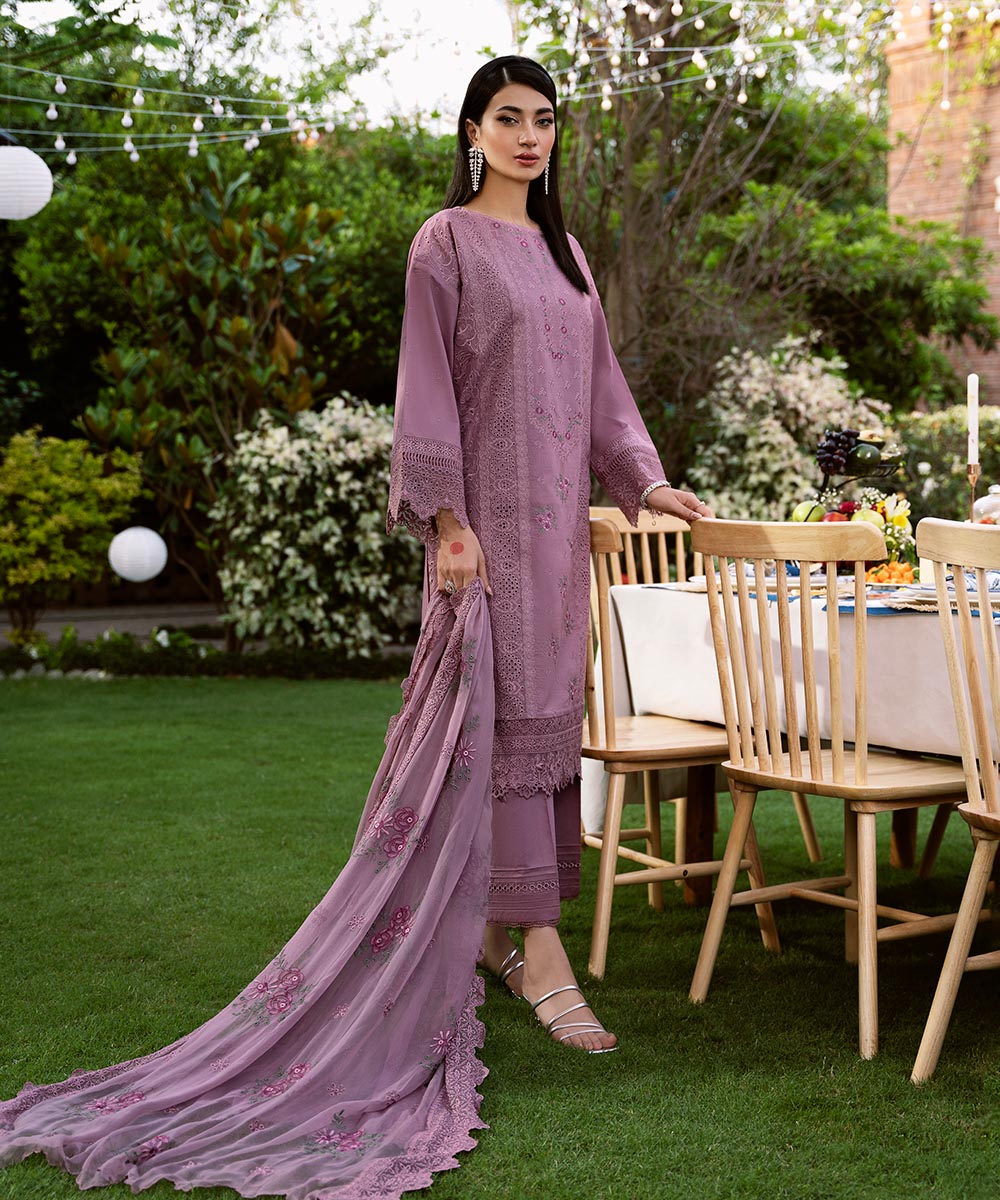 Women's Unstitched Lawn Embroidered Mauve 3 Piece Suit