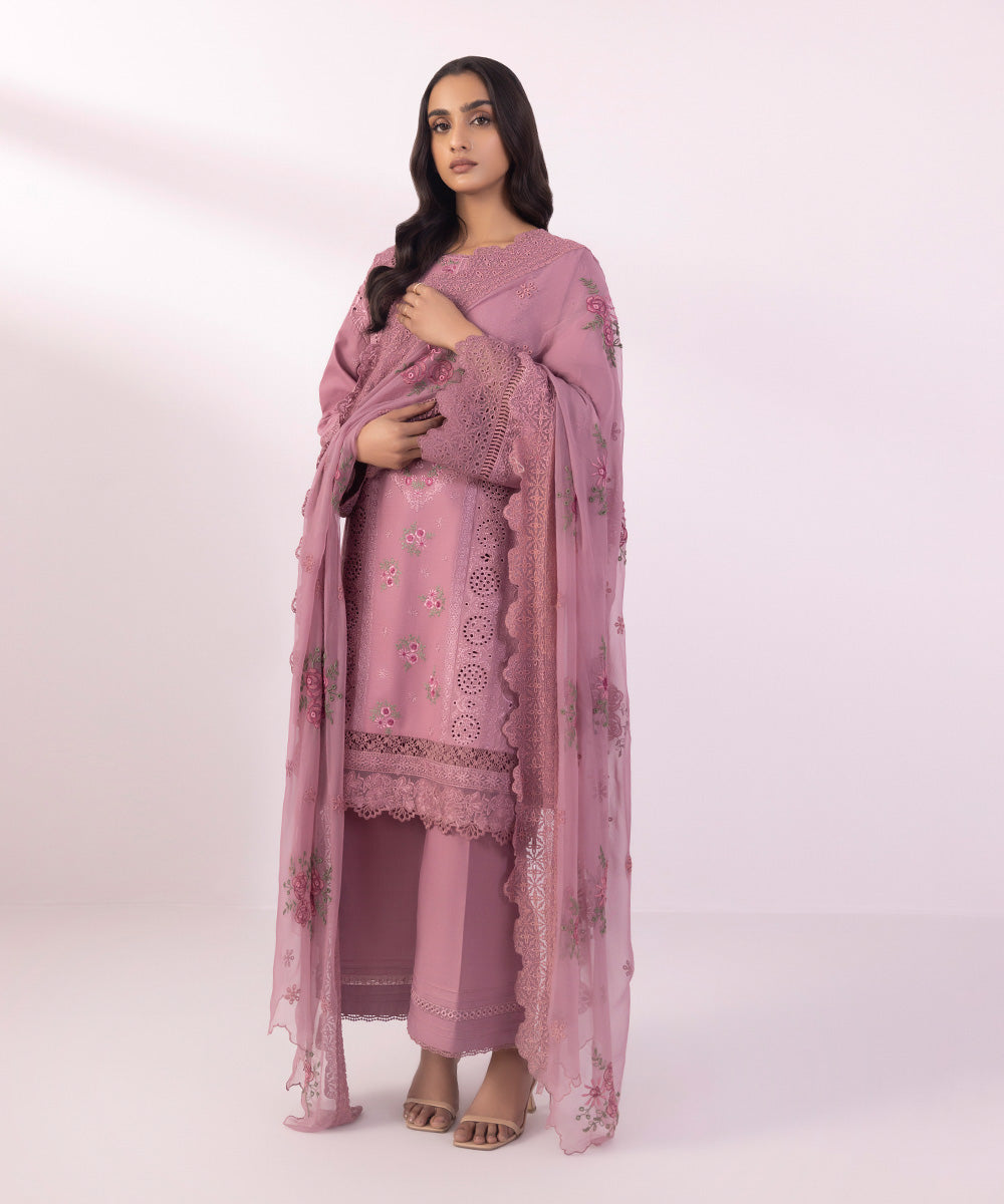 Women's Unstitched Lawn Embroidered Mauve 3 Piece Suit