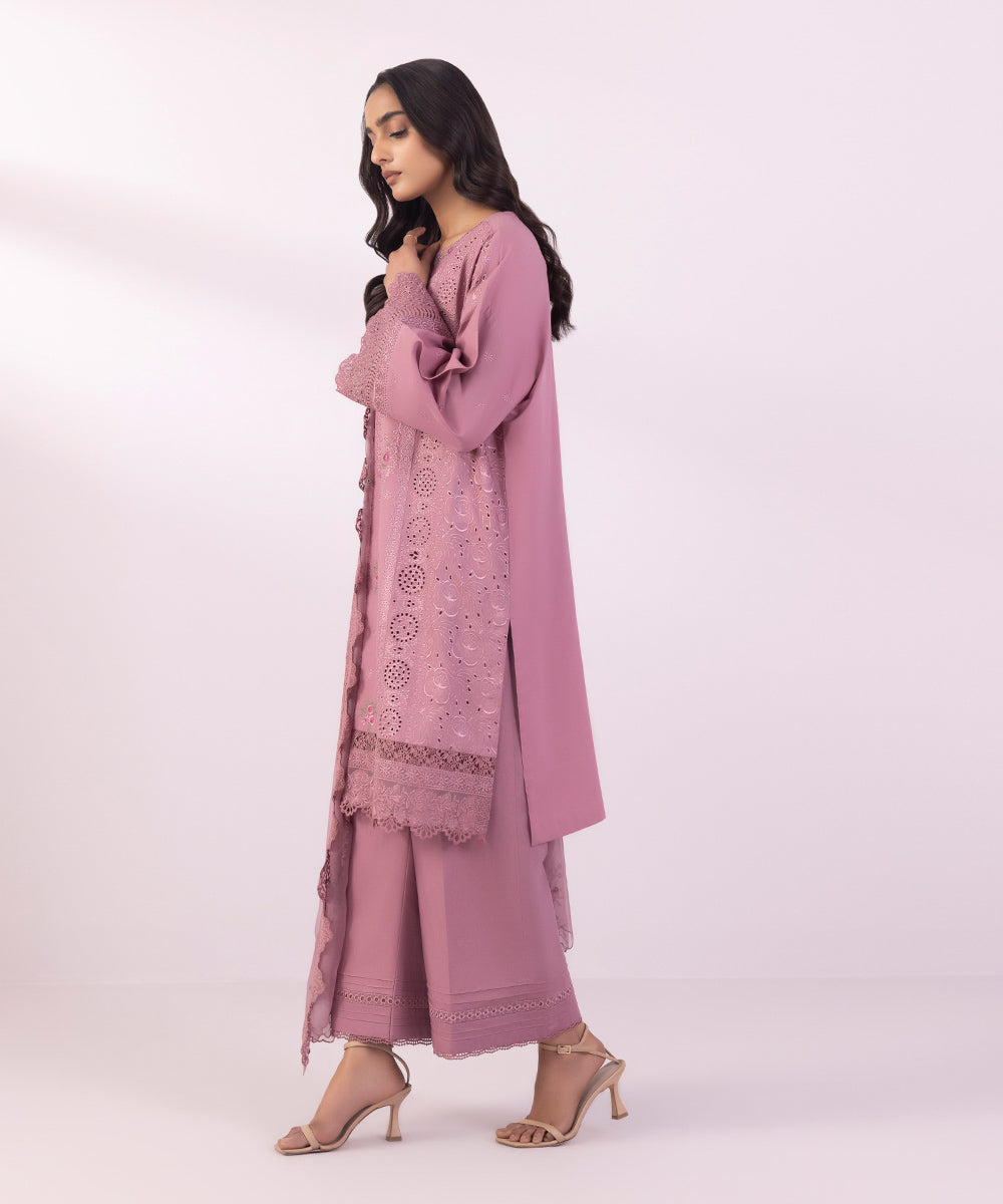 Women's Unstitched Lawn Embroidered Mauve 3 Piece Suit