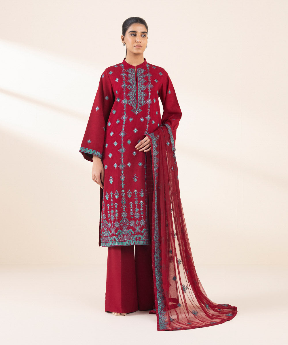 Women's Unstitched Red Dull Viscose Raw Silk, Raw Silk, Viscose 3 Piece Suit 