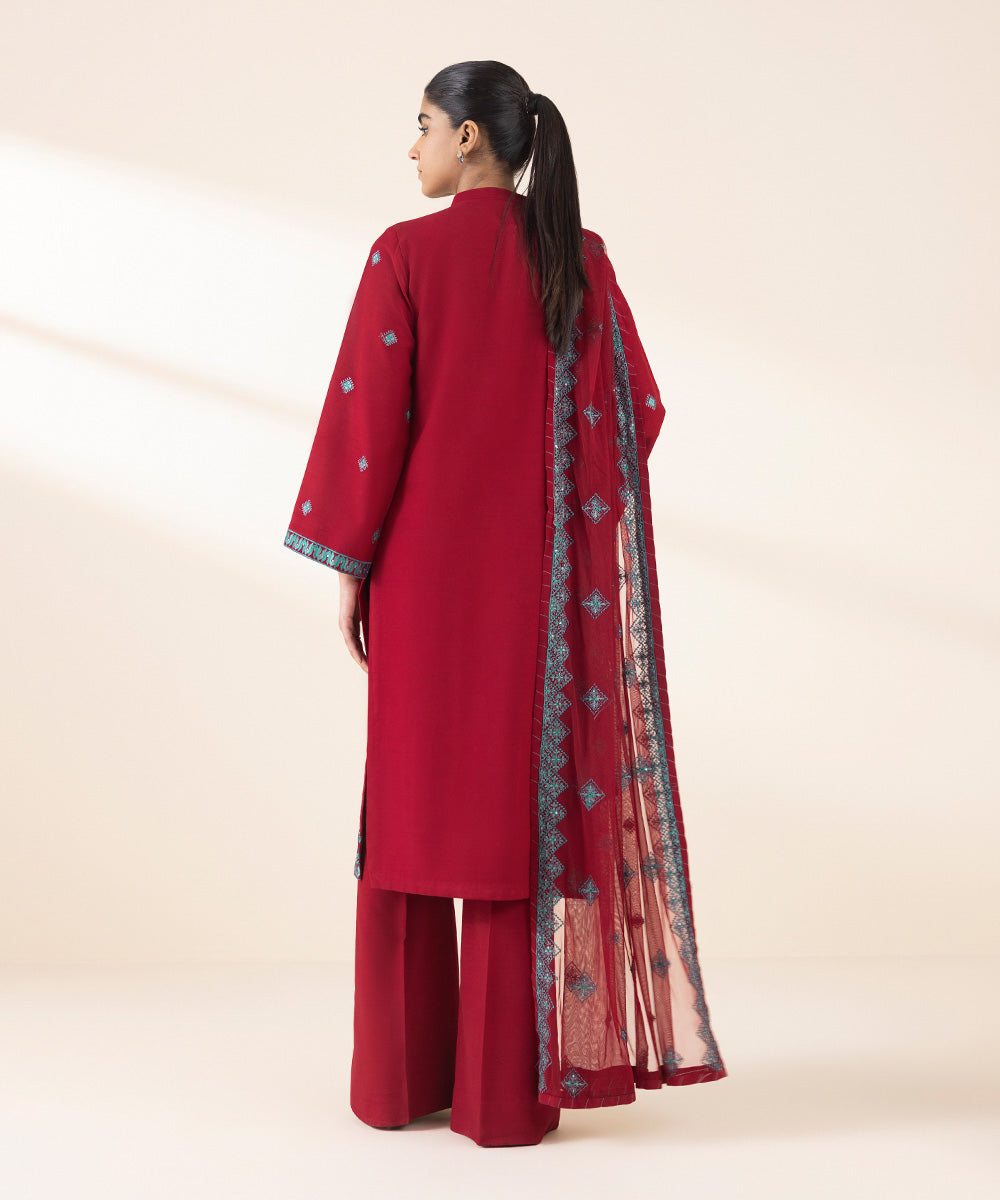 Women's Unstitched Red Dull Viscose Raw Silk, Raw Silk, Viscose 3 Piece Suit 