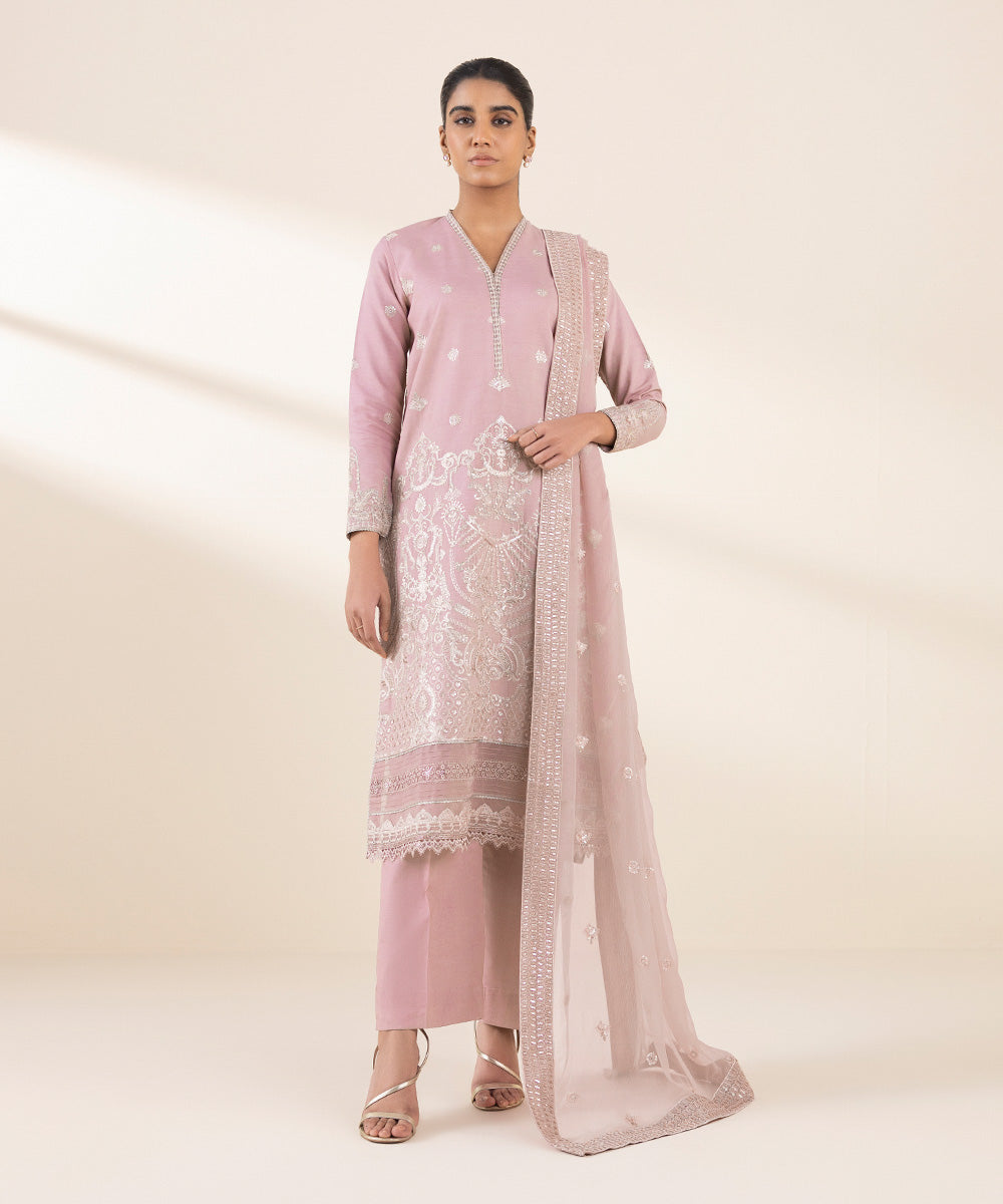 Women's Unstitched Pink Fine Cotton Satin, Cotton Satin, Satin 3 Piece Suit 