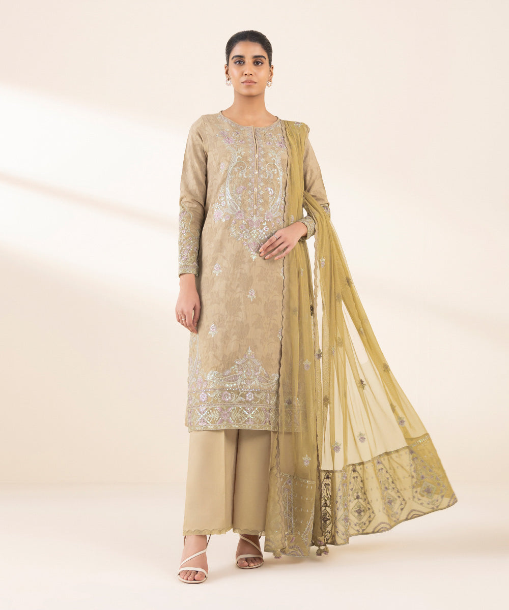 Women's Unstitched Beige Cotton Jacquard, Cotton, Jacquard 3 Piece Suit 