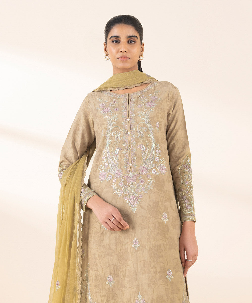 Women's Unstitched Beige Cotton Jacquard, Cotton, Jacquard 3 Piece Suit 