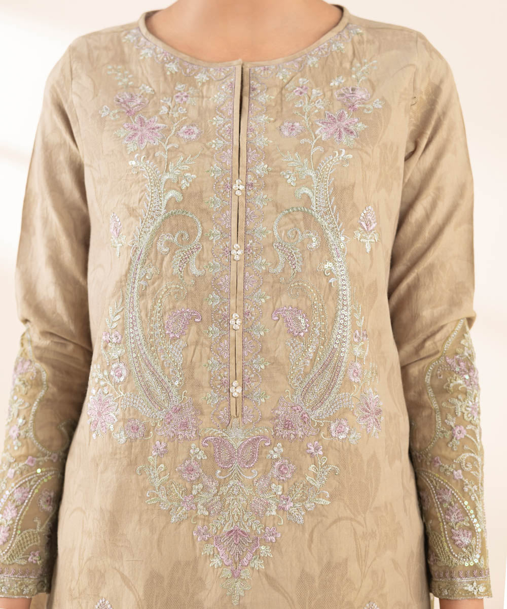 Women's Unstitched Beige Cotton Jacquard, Cotton, Jacquard 3 Piece Suit 