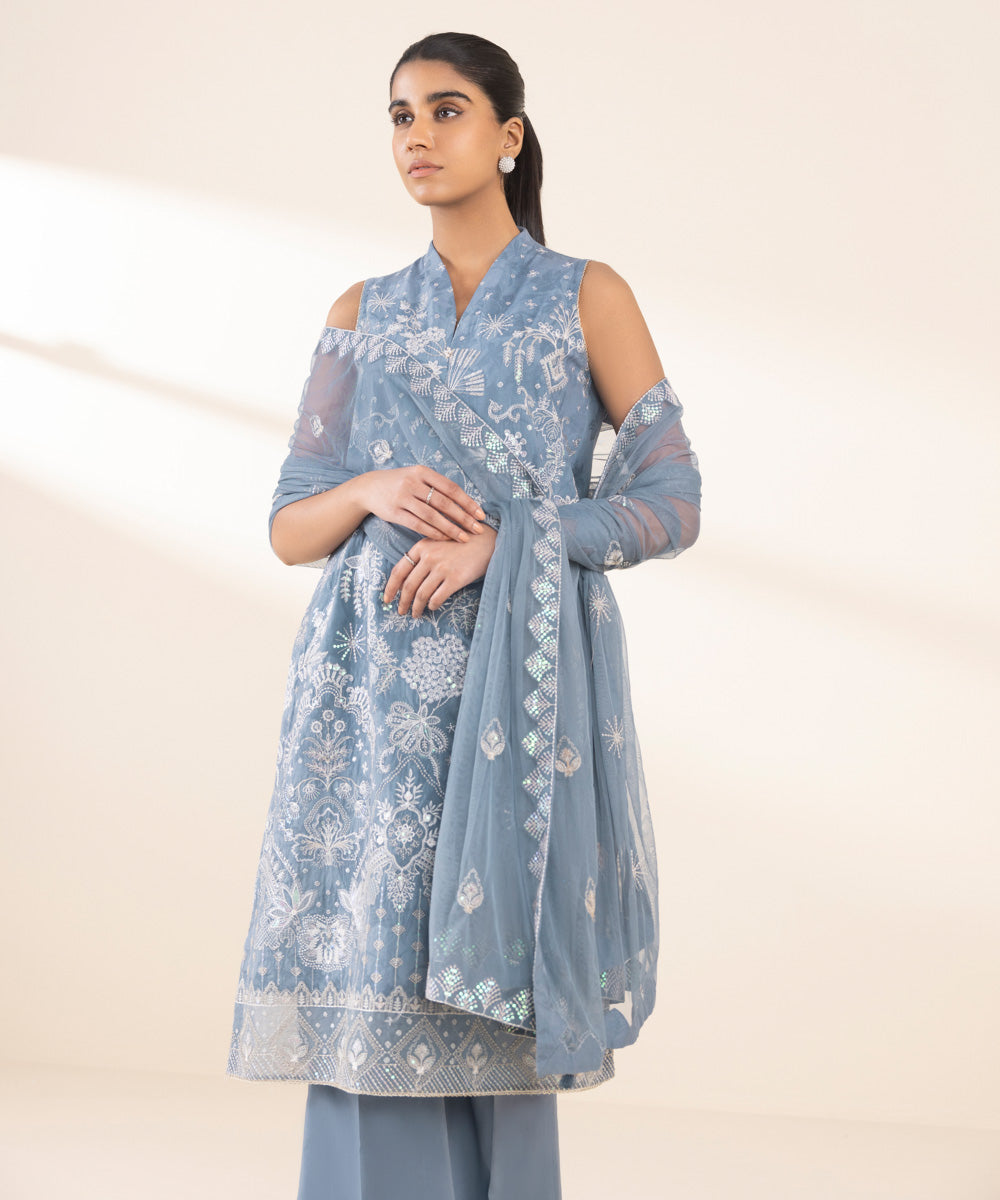 Women's Unstitched Blue Cotton Jacquard, Cotton, Jacquard 3 Piece Suit 