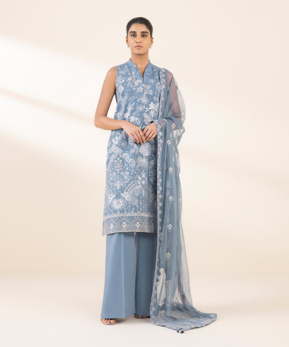 Women's Unstitched Blue Cotton Jacquard, Cotton, Jacquard 3 Piece Suit 