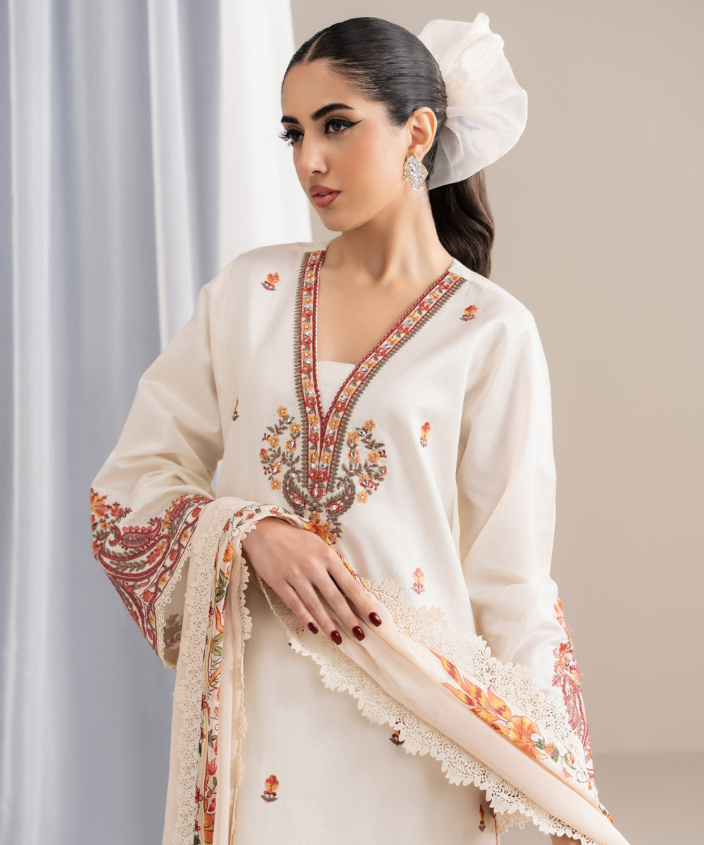 3 Piece - Embroidered Cotton Net Suit