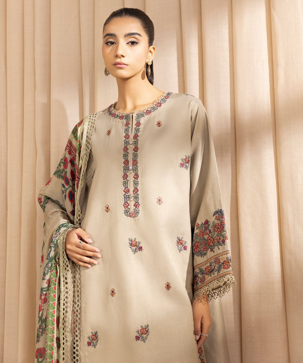 Unstitched Women's Embroidered Cotton Net Beige Three Piece Suit 