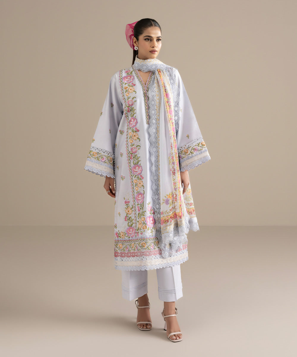 3 Piece - Embroidered Cotton Net Suit