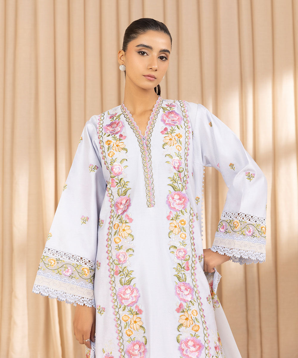 Unstitched Women's Embroidered Cotton Net Blue Three Piece Suit 