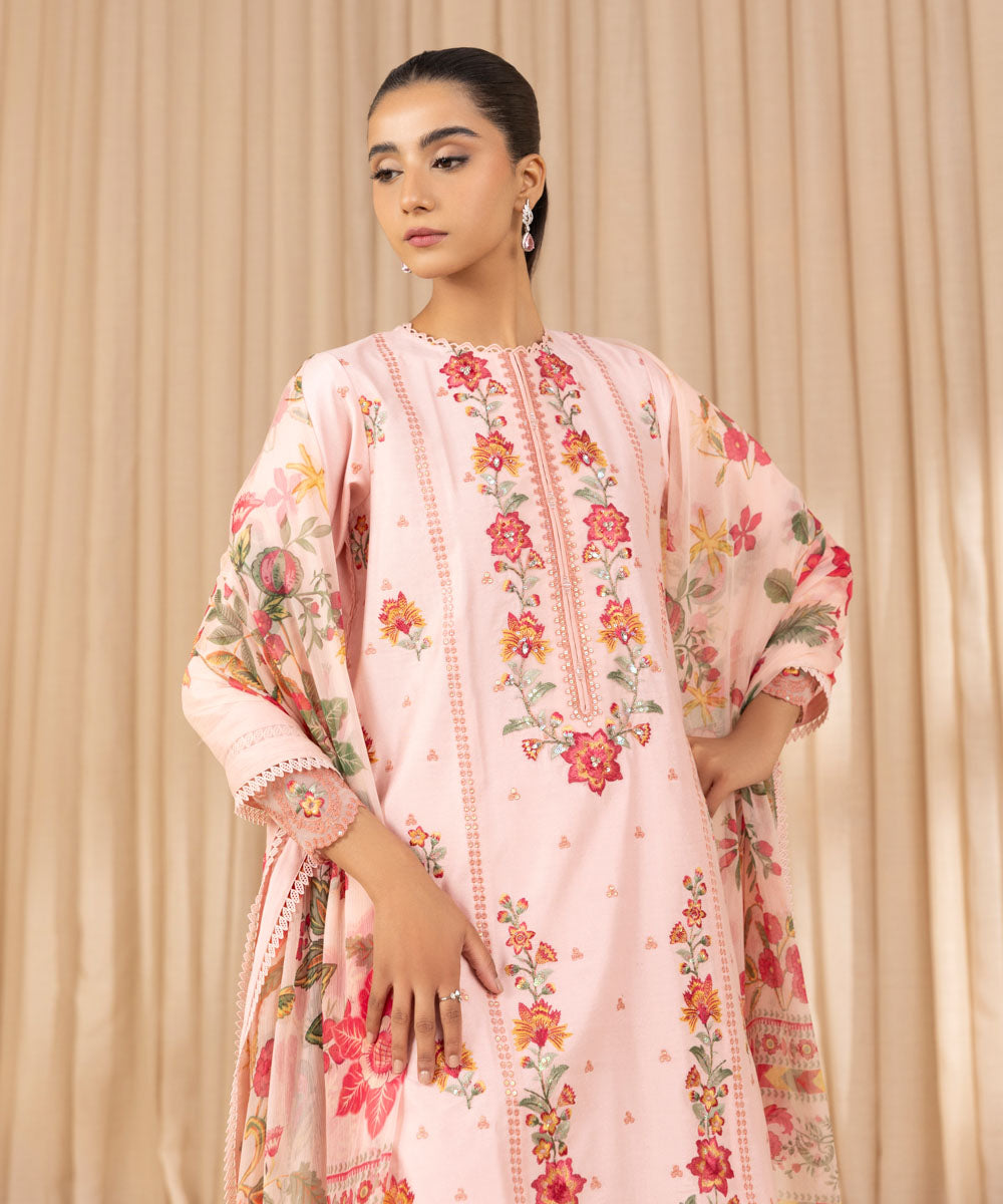 Unstitched Women's Embroidered Cotton Net Pink Three Piece Suit 