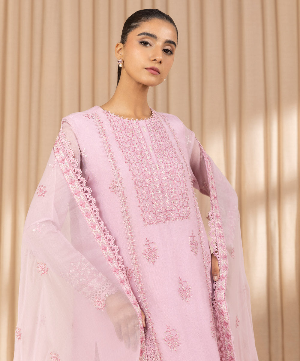 Unstitched Women's Embroidered Blended Khaddi Net Pink Three Piece Suit 