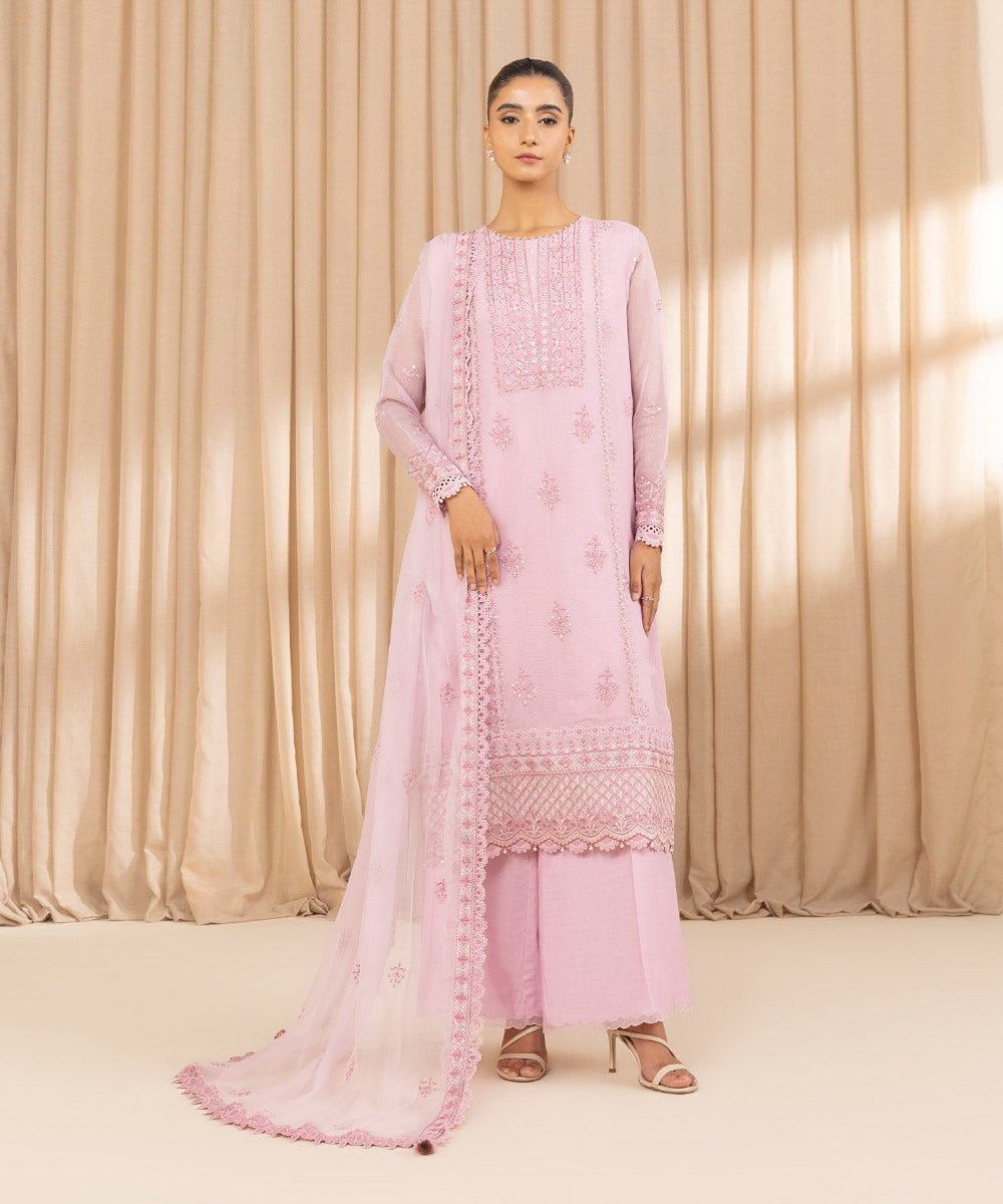 Unstitched Women's Embroidered Blended Khaddi Net Pink Three Piece Suit 