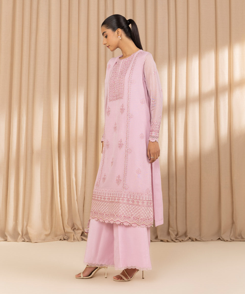 Unstitched Women's Embroidered Blended Khaddi Net Pink Three Piece Suit 