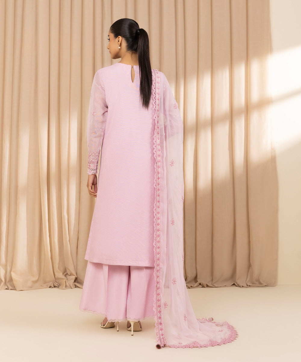 Unstitched Women's Embroidered Blended Khaddi Net Pink Three Piece Suit 