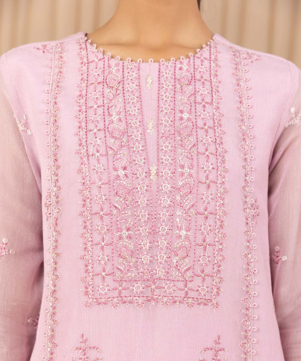 Unstitched Women's Embroidered Blended Khaddi Net Pink Three Piece Suit 