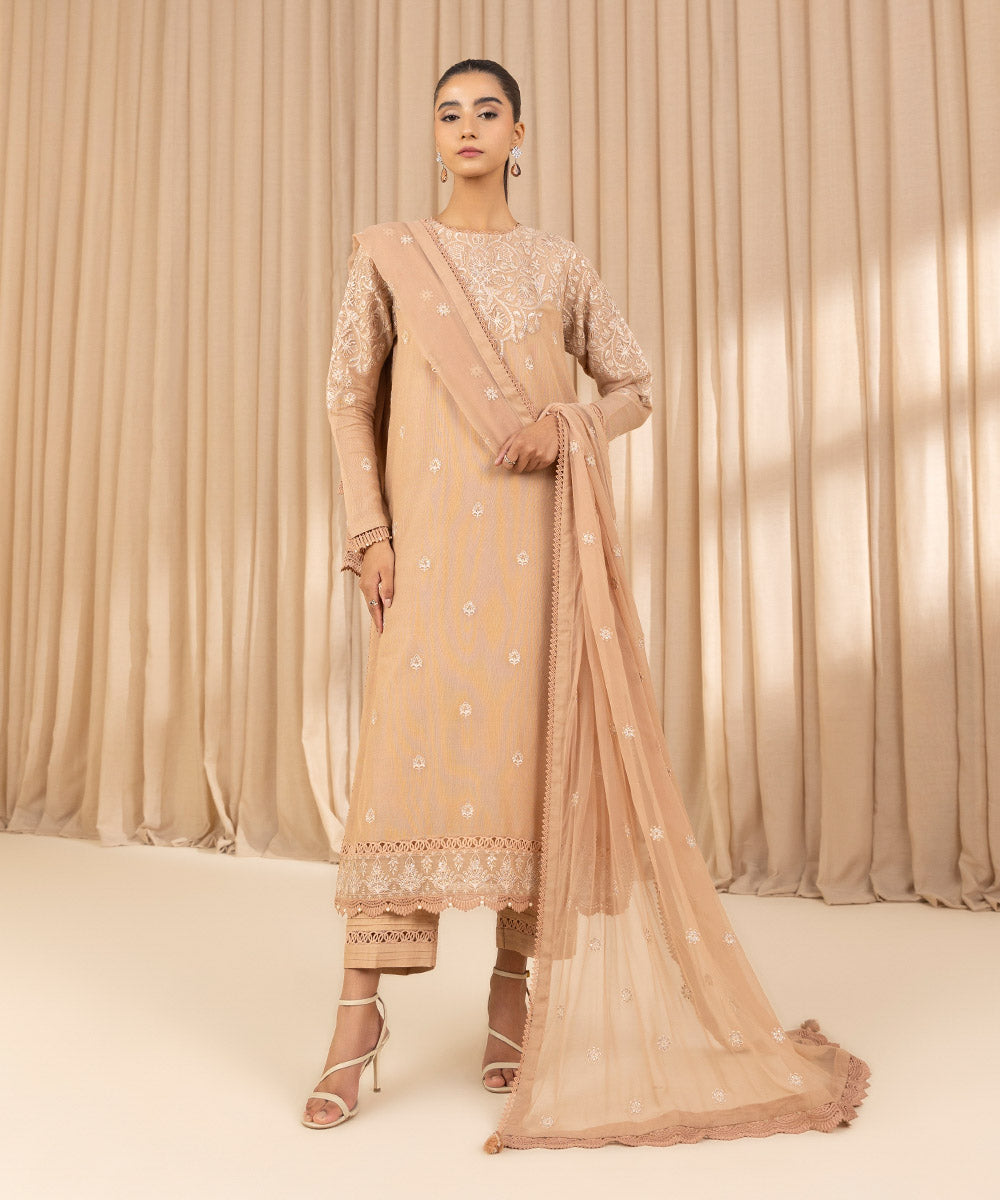 Unstitched Women's Embroidered Blended Khaddi Net Beige Three Piece Suit 