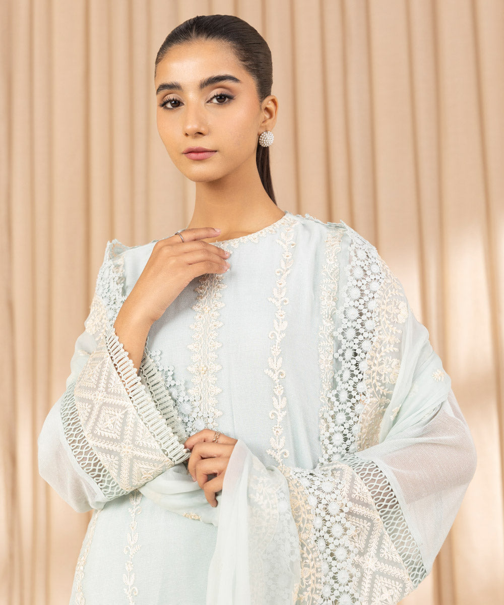 Unstitched Women's Embroidered Blended Khaddi Net Blue Three Piece Suit 