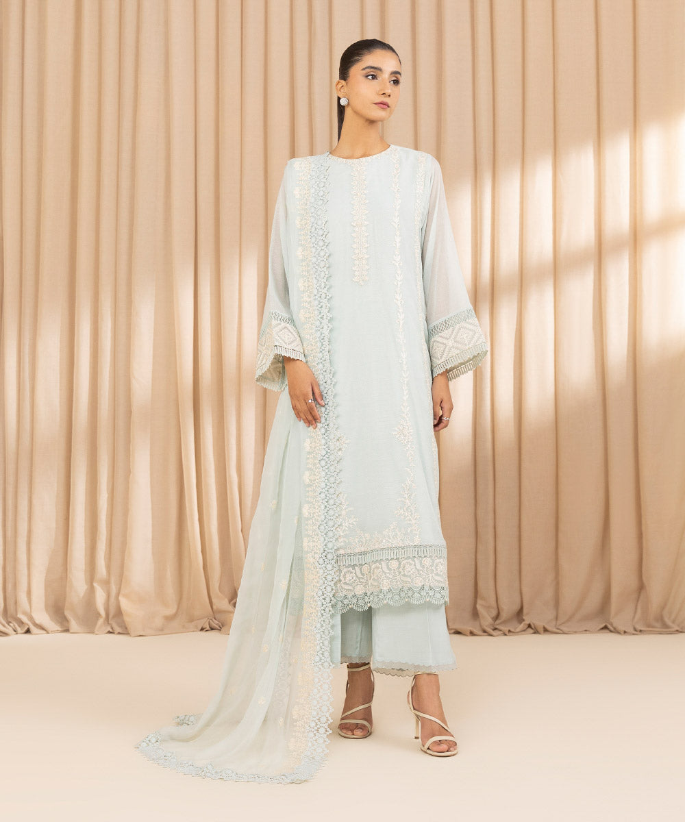 Unstitched Women's Embroidered Blended Khaddi Net Blue Three Piece Suit 