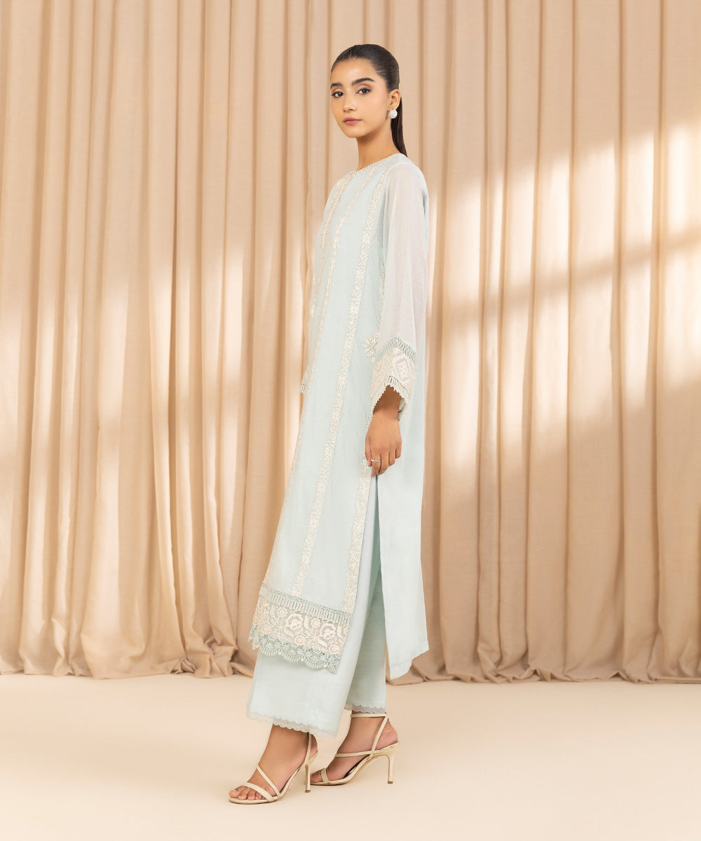 Unstitched Women's Embroidered Blended Khaddi Net Blue Three Piece Suit 