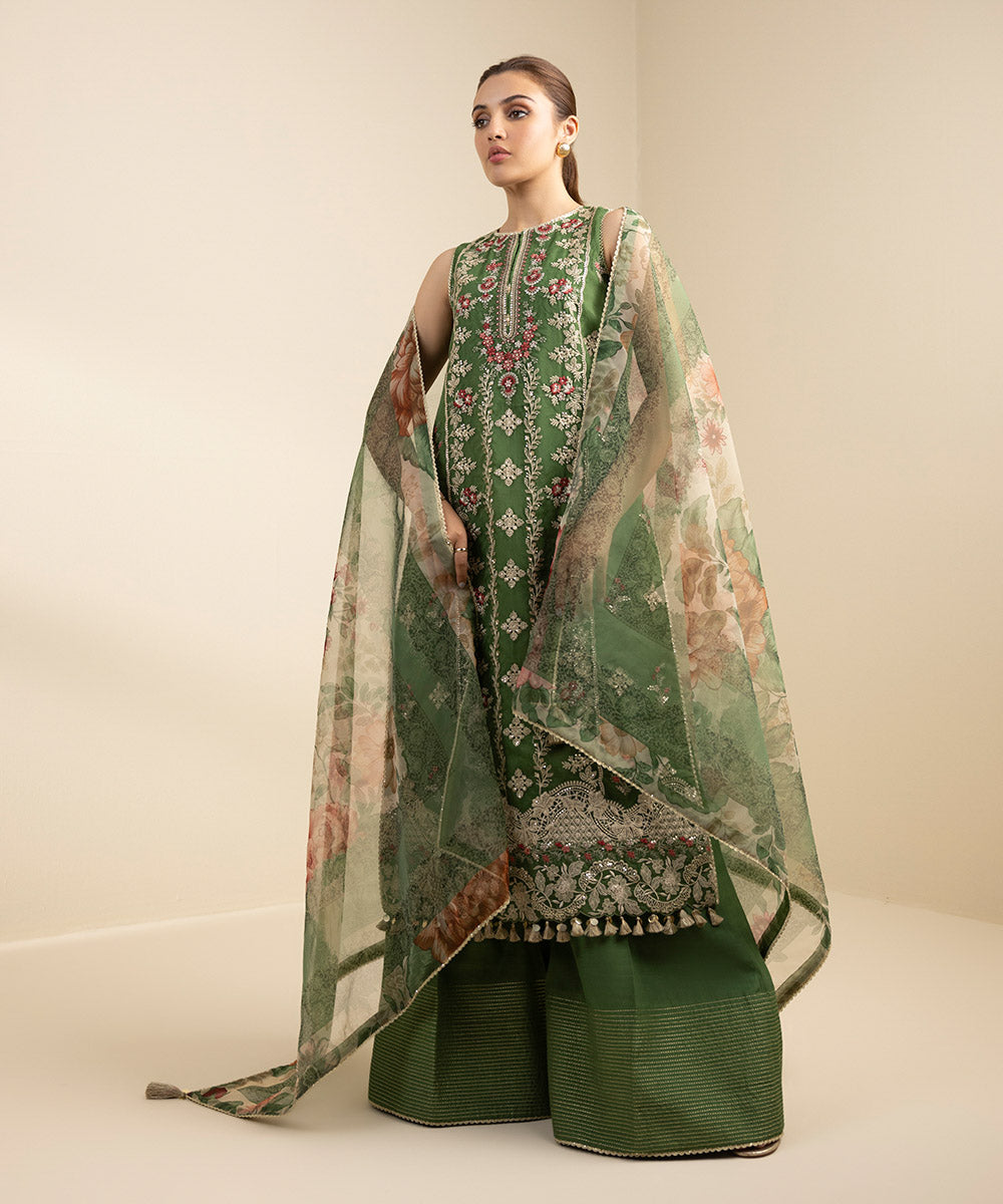 Unstitched Women's Green Organza Embroidered 3 Piece Suit 