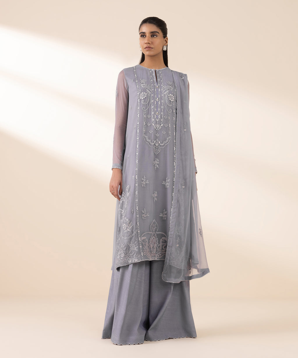 Women's Unstitched Blended Chiffon Embroidered Purple 3 Piece Suit