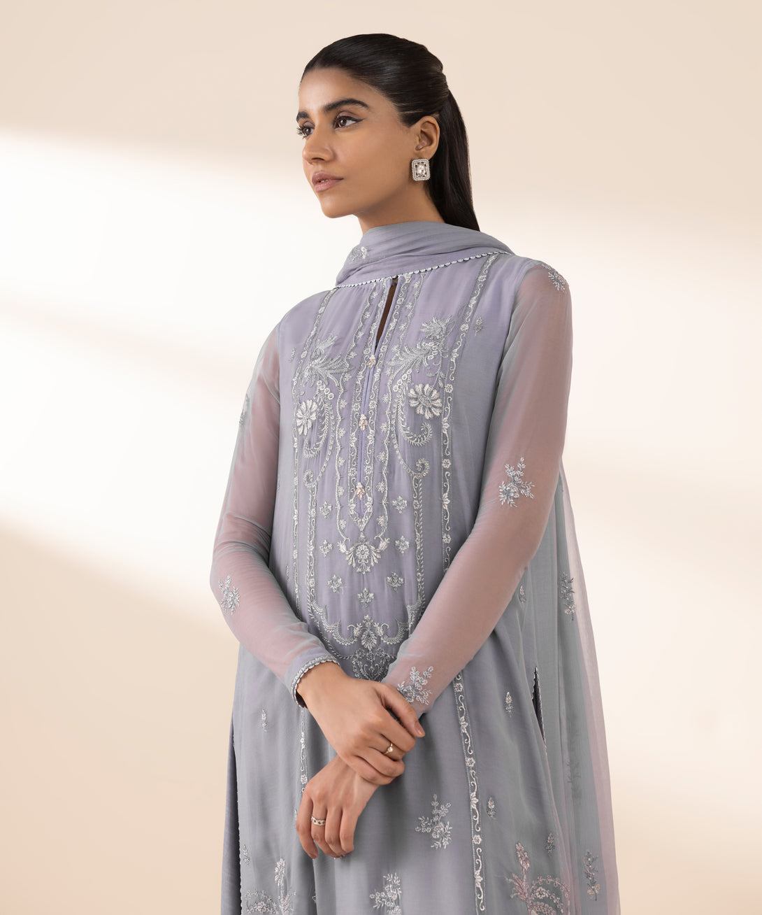 Women's Unstitched Blended Chiffon Embroidered Purple 3 Piece Suit