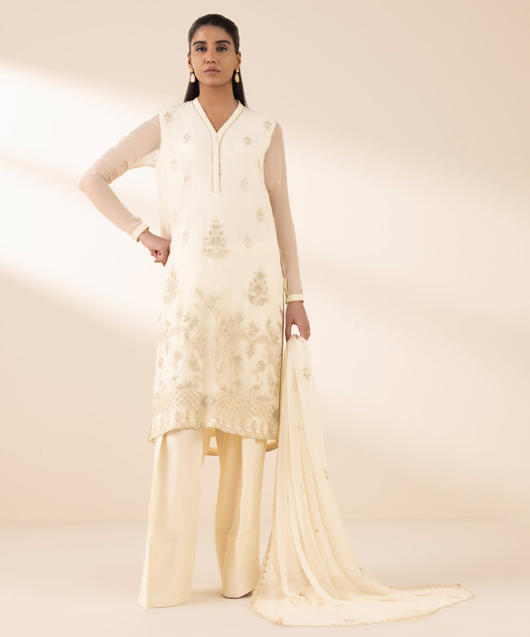 Women's Unstitched Blended Chiffon Embroidered Off White 3 Piece Suit