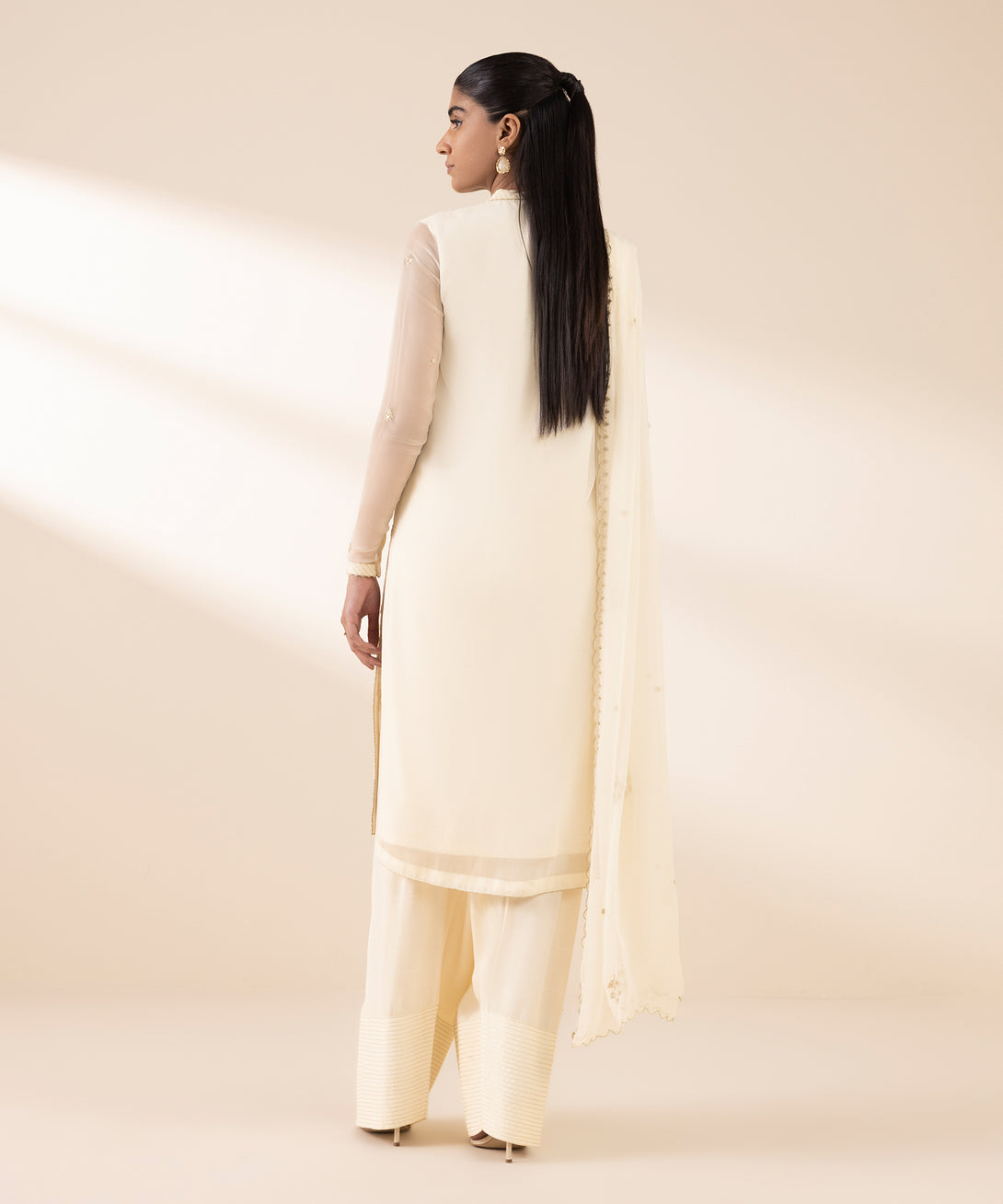 Women's Unstitched Blended Chiffon Embroidered Off White 3 Piece Suit