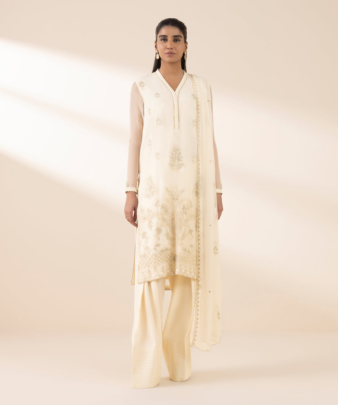 Women's Unstitched Blended Chiffon Embroidered Off White 3 Piece Suit