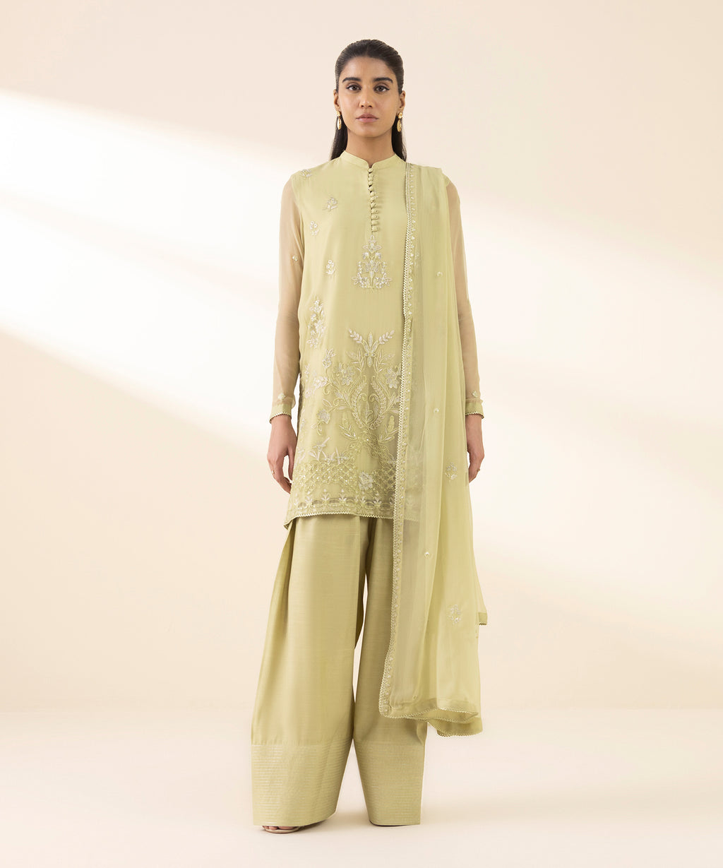 Women's Unstitched Blended Chiffon Embroidered Green 3 Piece Suit